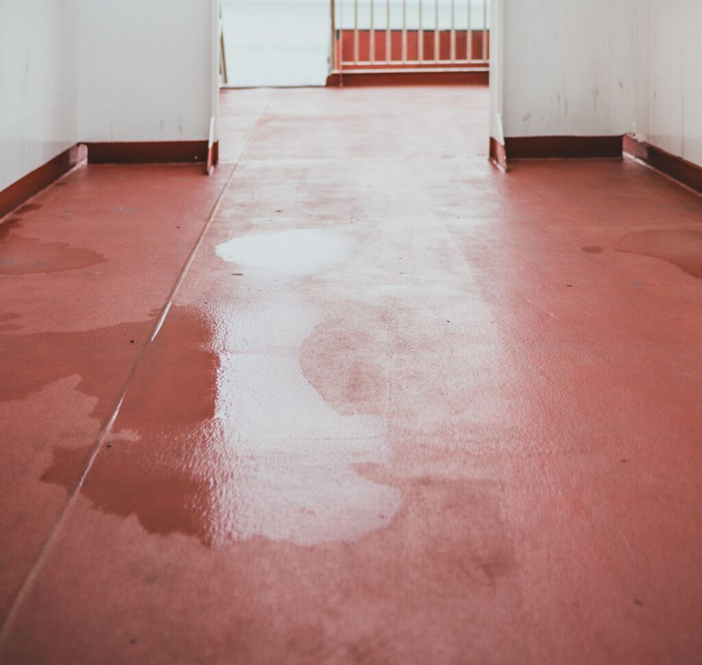A ship's passageway with a wet red floor leading to an open sea view through a door.