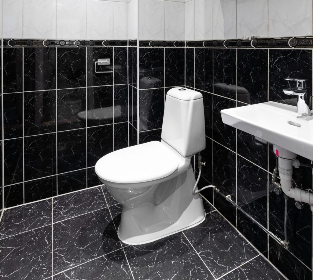 Sleek and modern bathroom with black and white tiles and fixtures.