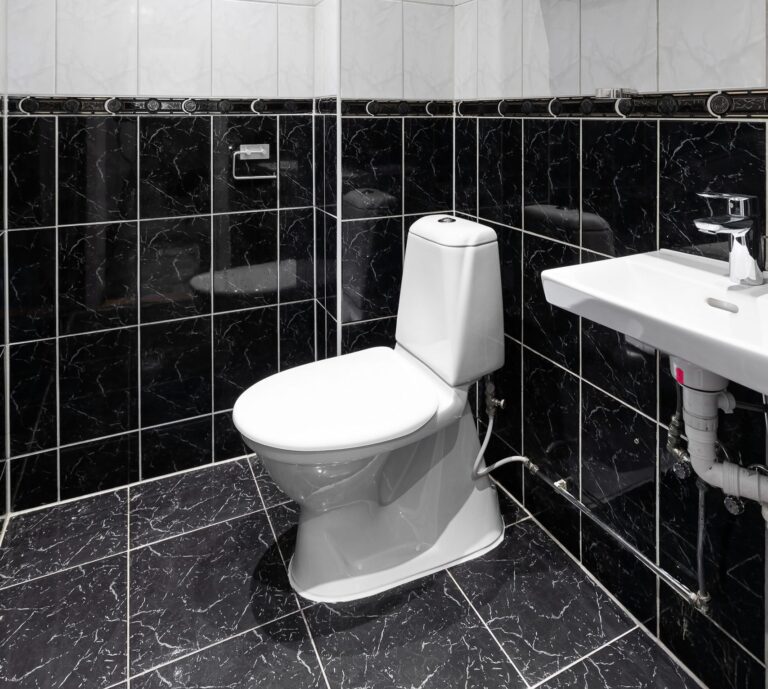 Sleek and modern bathroom with black and white tiles and fixtures.